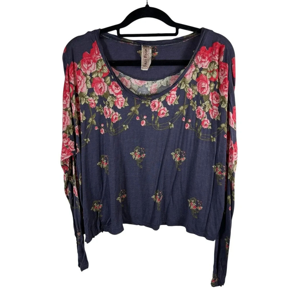 Free People Rose Floral Print Long Sleeve Top Charcoal Gray Pink Medium boho